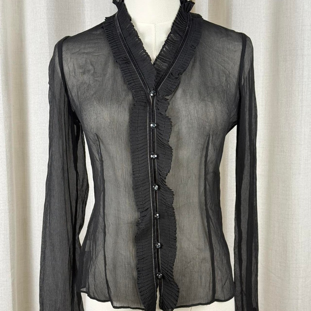 Ann Taylor Vintage Black Sheer Ruffle Blouse Gothic Y2K Top 0P